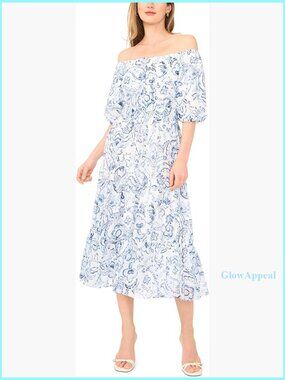 Off Shoulder Puff Sleeve Smocked Waist Midi Dress Casual Summer